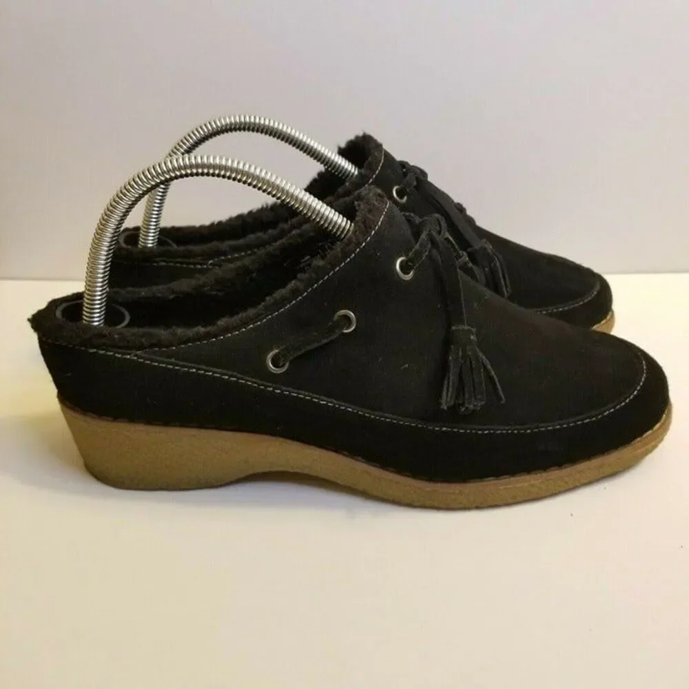 Lands End Womens Size 9 (B) Black Slip On Clog Sueded Sherpa Lined Shoes 432806
